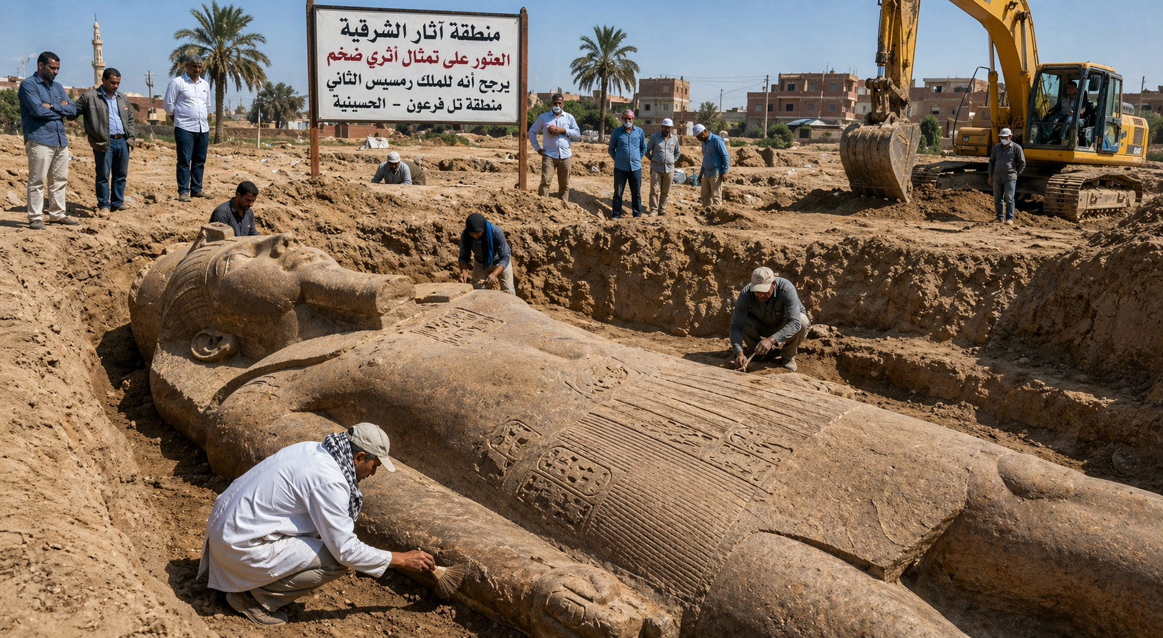 أثناء الحفر لإنشاء نادٍ رياضي.. اكتشاف تمثال أثري ضخم في الشرقية يُرجّح أنه للملك رمسيس الثاني