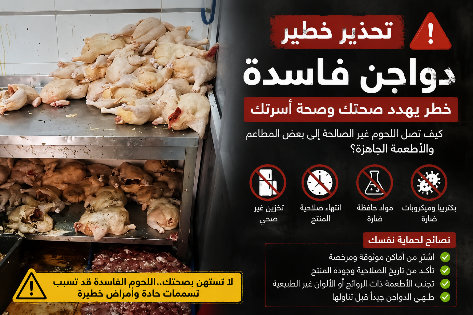 ضبط دواجن فاسدة يثير القلق.. كيف تصل اللحوم غير الصالحة إلى بعض المطاعم والأطعمة الجاهزة؟