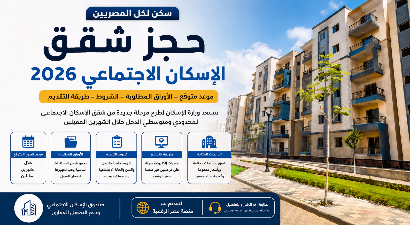 حجز شقق الإسكان الاجتماعي 2026.. الموعد المتوقع للطرح الجديد والأوراق المطلوبة والشروط الكاملة وخطوات التقديم