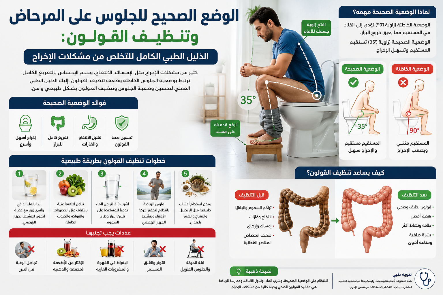 الوضع الصحيح للجلوس على المرحاض وتنظيف القولون: الدليل الطبي الكامل للتخلص من مشكلات الإخراج