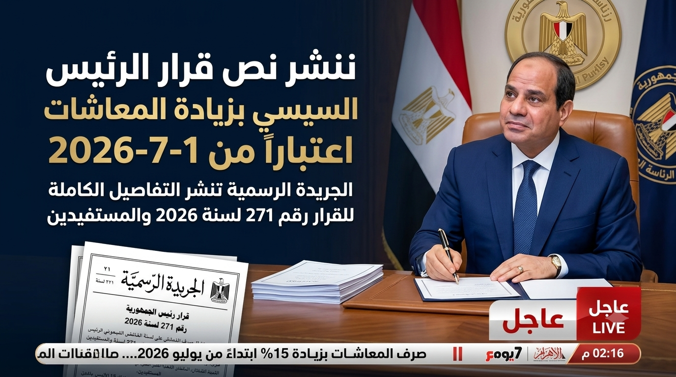 عاجل: ننشر النص الكامل لقرار الرئيس السيسي بزيادة المعاشات بنسبة 15% اعتباراً من 1 يوليو 2026