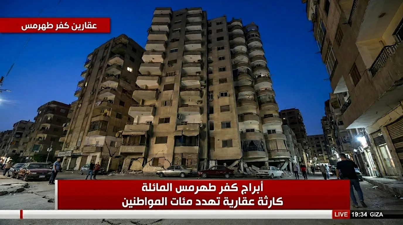 كارثة أبراج كفر طهرمس المائلة تهديد يلاحق مئات الاسر