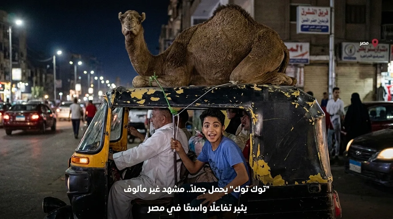 توك توك يحمل جملا يثير الجدل في شوارع مصر